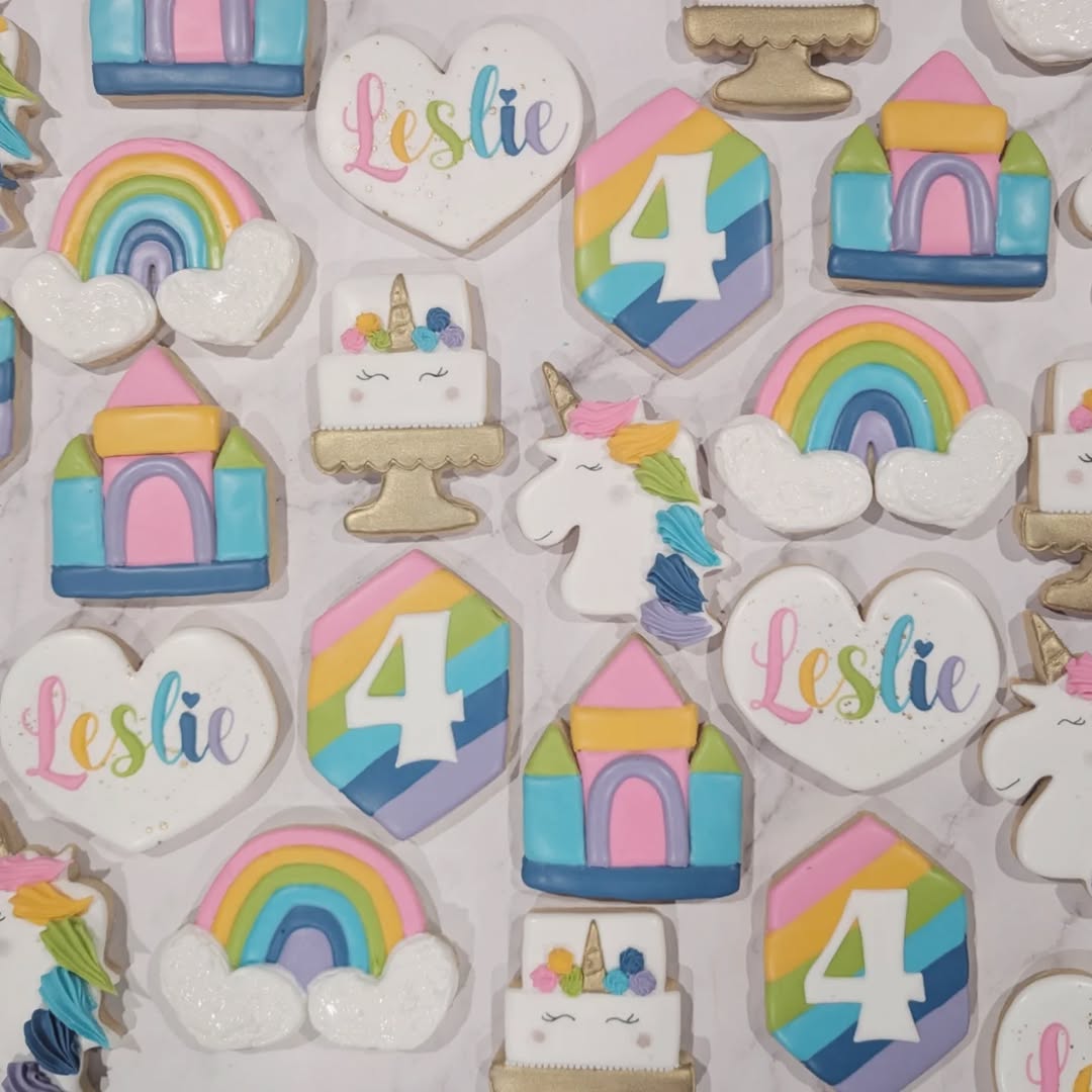 Rainbow and unicorn birthday cookies