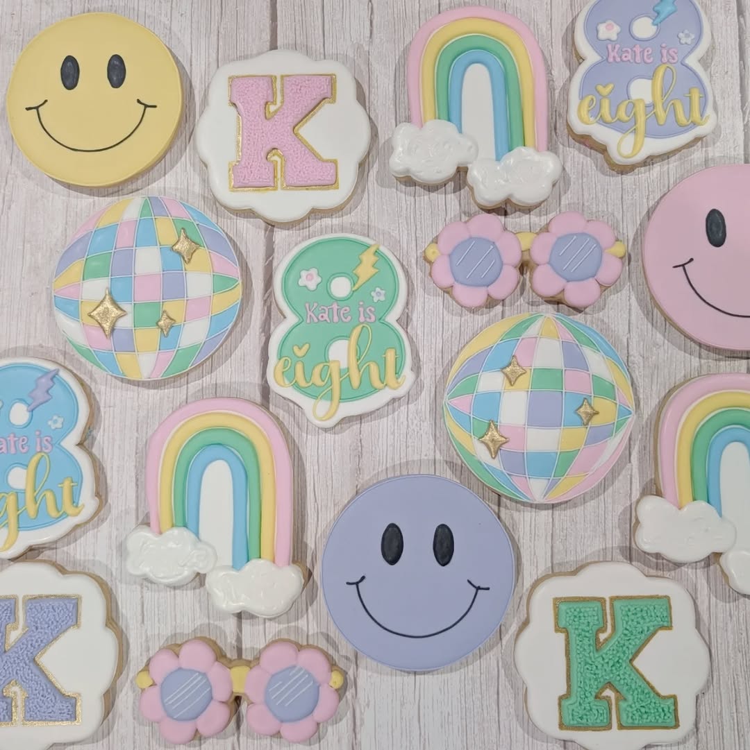 Disco ball and rainbow 8th birthday cookies