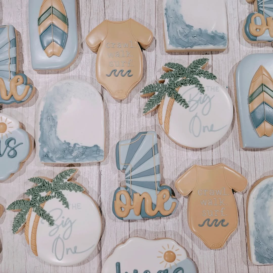 Crawl Walk Surf first birthday cookies