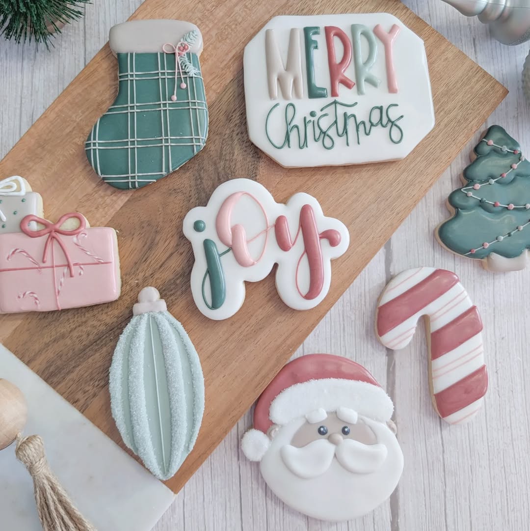 Merry Christmas pink and teal holiday cookies