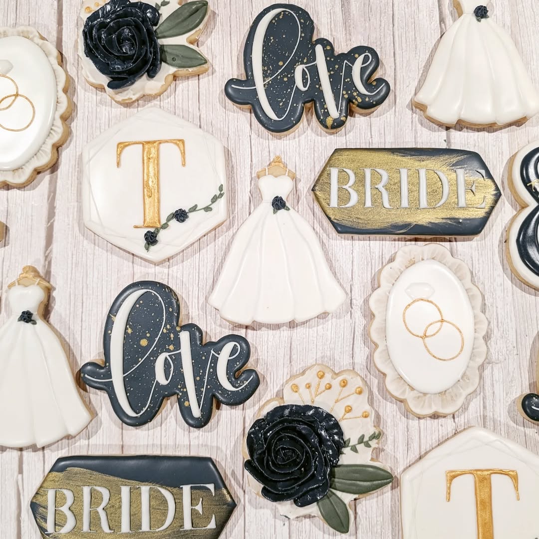 Bride black and gold bridal shower cookies