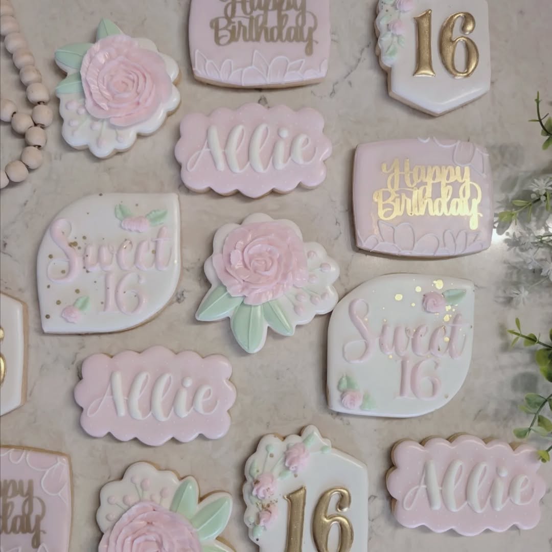 Sweet 16 floral cookies in pink and gold